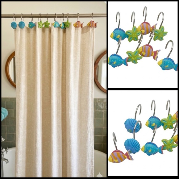 Other - VTG 11 Nautical Hand Painted Fish & Shell Tropical Resin Shower Curtain Hooks